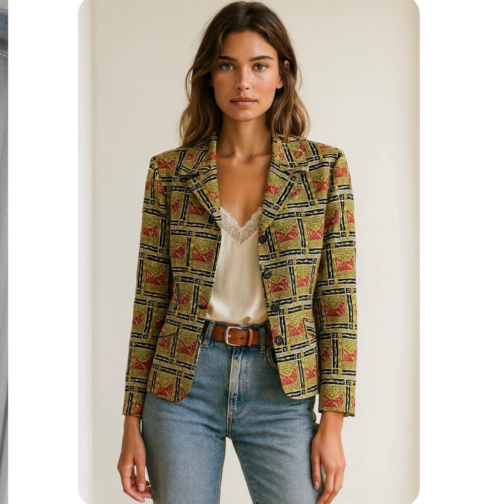 Vintage Velour Blazer 90s Geometric Tapestry Print Mixed Pattern Style Jacket